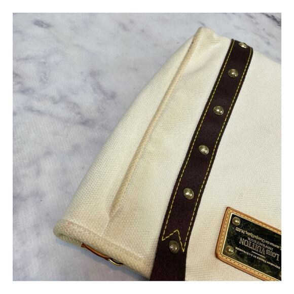 Louis Vuitton Antigua Cabás MM Canvas Tote Bag Cream Brown Trim Brass Rivets - Picture 9 of 11